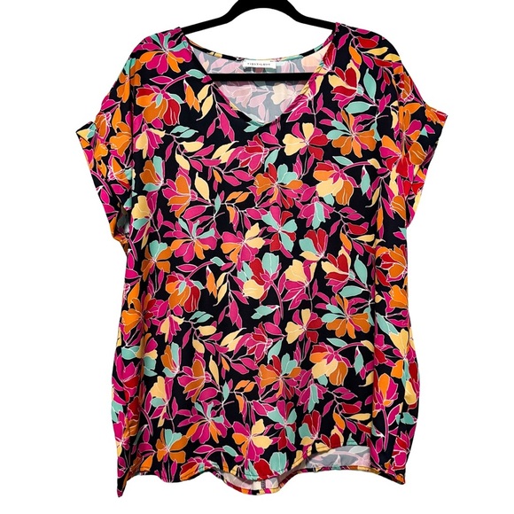 Women Floral V-Neck Top L Boho Vibrant Tropical Flowy Beachy Cruise Resort - Picture 1 of 12